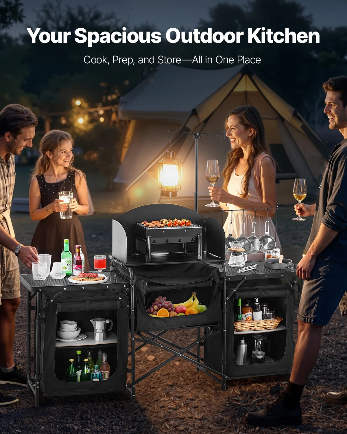 VEVOR Camping Kitchen Table Aluminum Portable Cook Station with 3 Storage Cupboard Carrying Bag Quick Set-up for BBQ Picnic