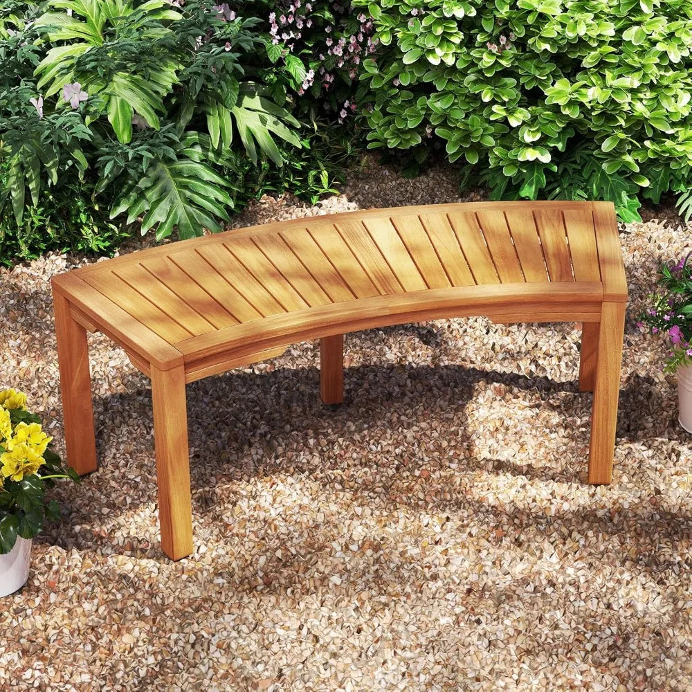 Moccha Outdoor Curved Bench, Acacia Wood Fire Pit Bench w/Slatted Seat, Loveseat, Outside Chair, Patio Backless 2-Person Seating