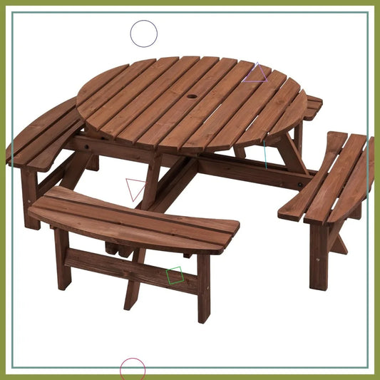 Outdoor Picnic Table with Umbrella Hole, Round Wood Dining Set for Patio Garden Backyard, Solid Fir Wood with 4 Benches