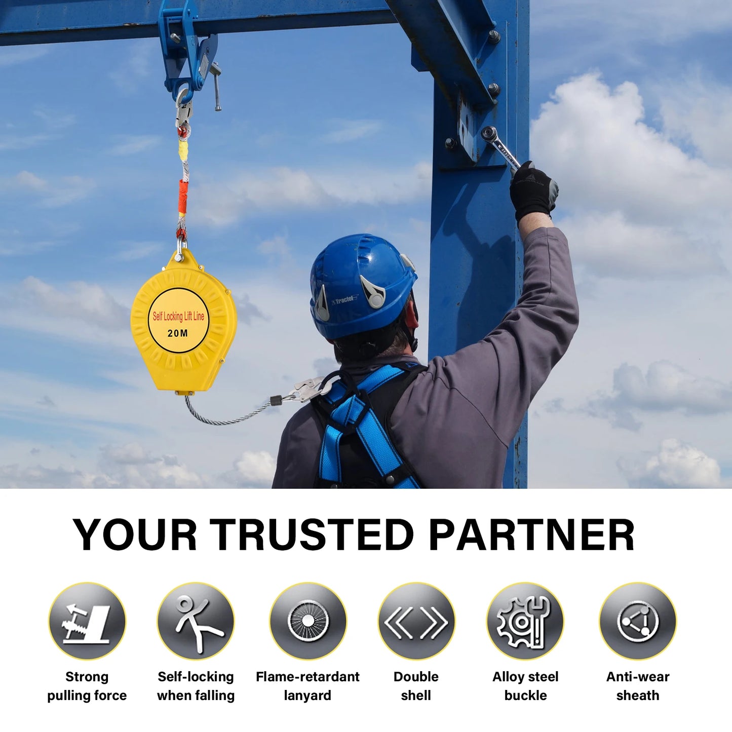 65Ft Fall Arrester | Retractable Safety Lanyard | Safety Harness Construction Roofing Gear, 330Lbs Steel Wire Rope Climbing Equipment