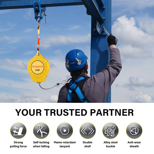 65Ft Fall Arrester | Retractable Safety Lanyard | Safety Harness Construction Roofing Gear, 330Lbs Steel Wire Rope Climbing Equipment