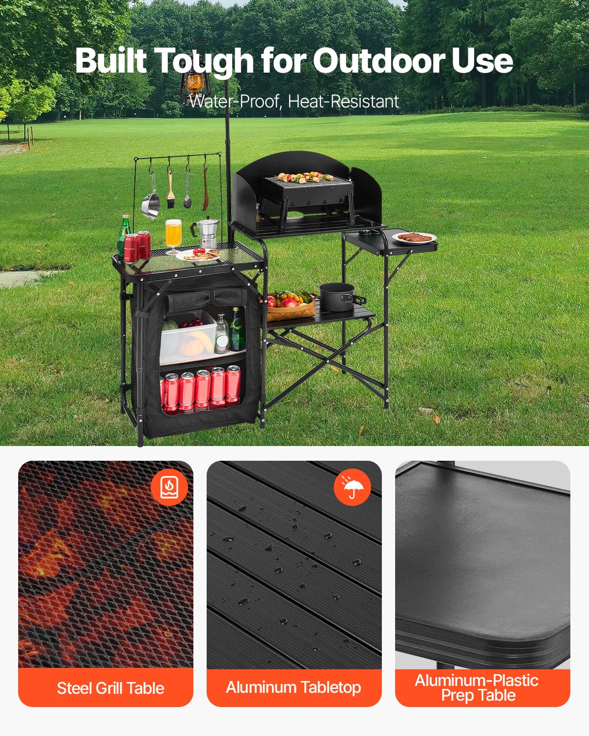 SucceBuy Camping Kitchen Table Folding Camp Cook Station Aluminum Portable Cook Station with Cupboard, Carrying Bag Windscreen