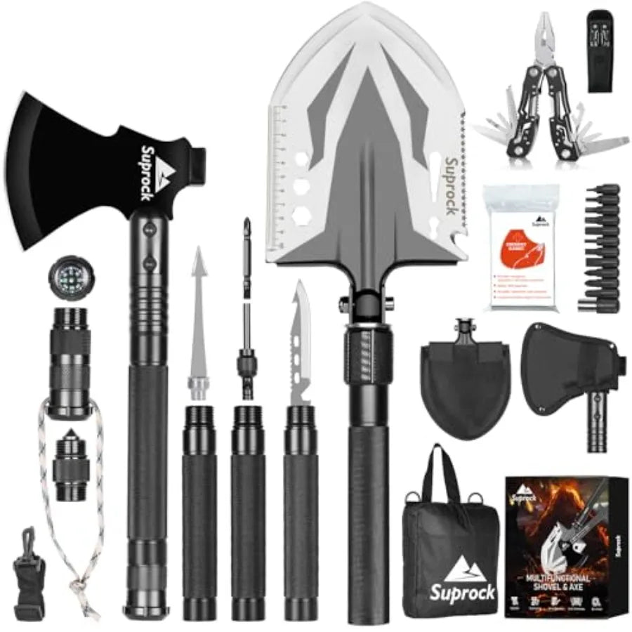 Survival Shovel High Carbon Steel Tactical Shovel Axe Folding Entrenching Tool Camping Hiking Shovel Carrying Pouch Car Emergen