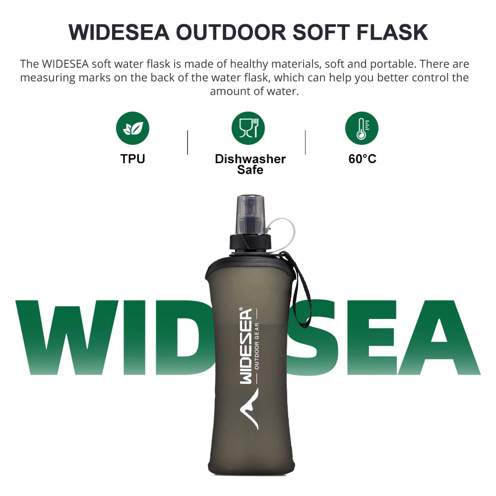 Widesea Camping Outdoor Soft Flask 500ml Portable Sport Water Bottle Water Bag Collapsible Water Bottle Running Camping Hiking