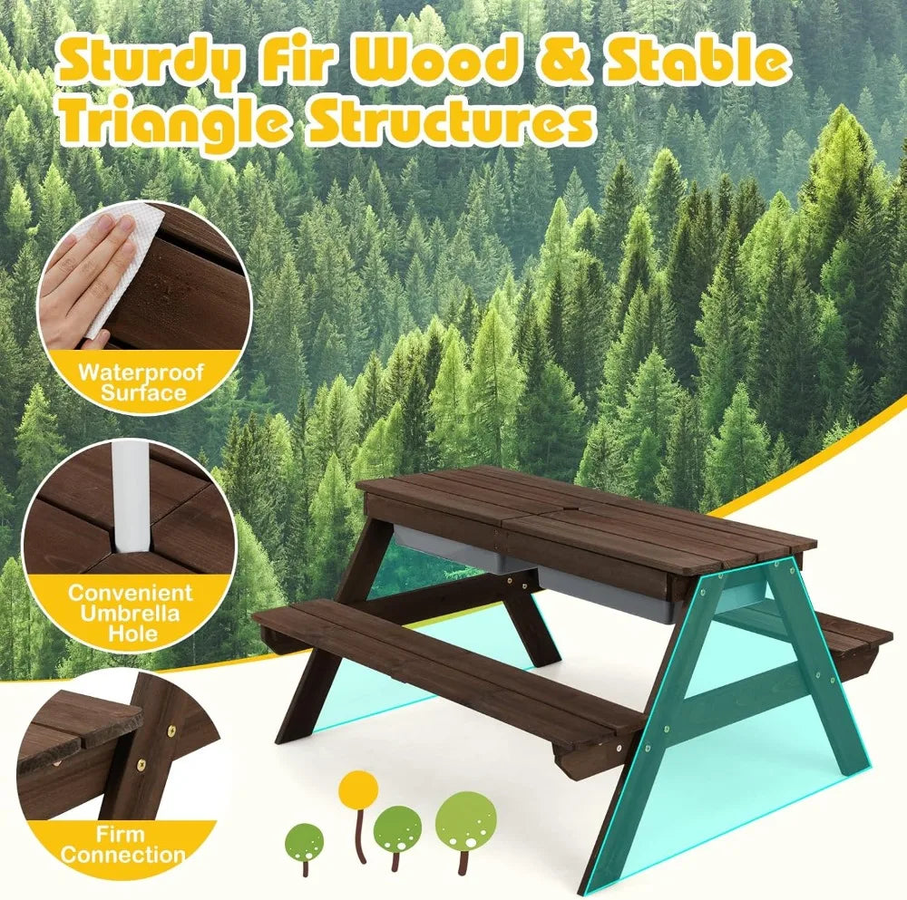 4-in-1 Kids Picnic Table with Sand Water Play, Adjustable Umbrella, Wooden Outdoor Activity Set for Backyard Garden