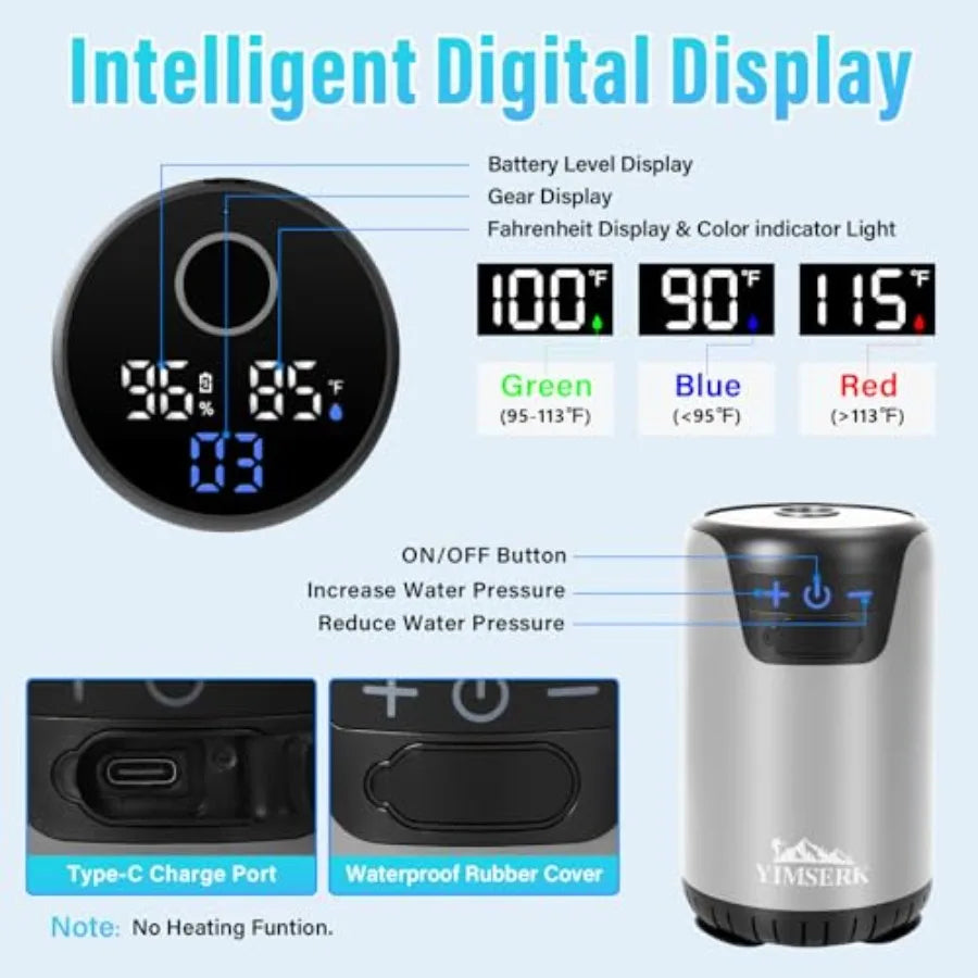 8000mAh Portable Camping Shower 10-Speed Camp Shower Pump LED Display 4 Spray Modes IPX8 Waterproof Outdoor Shower Kit for Hiki