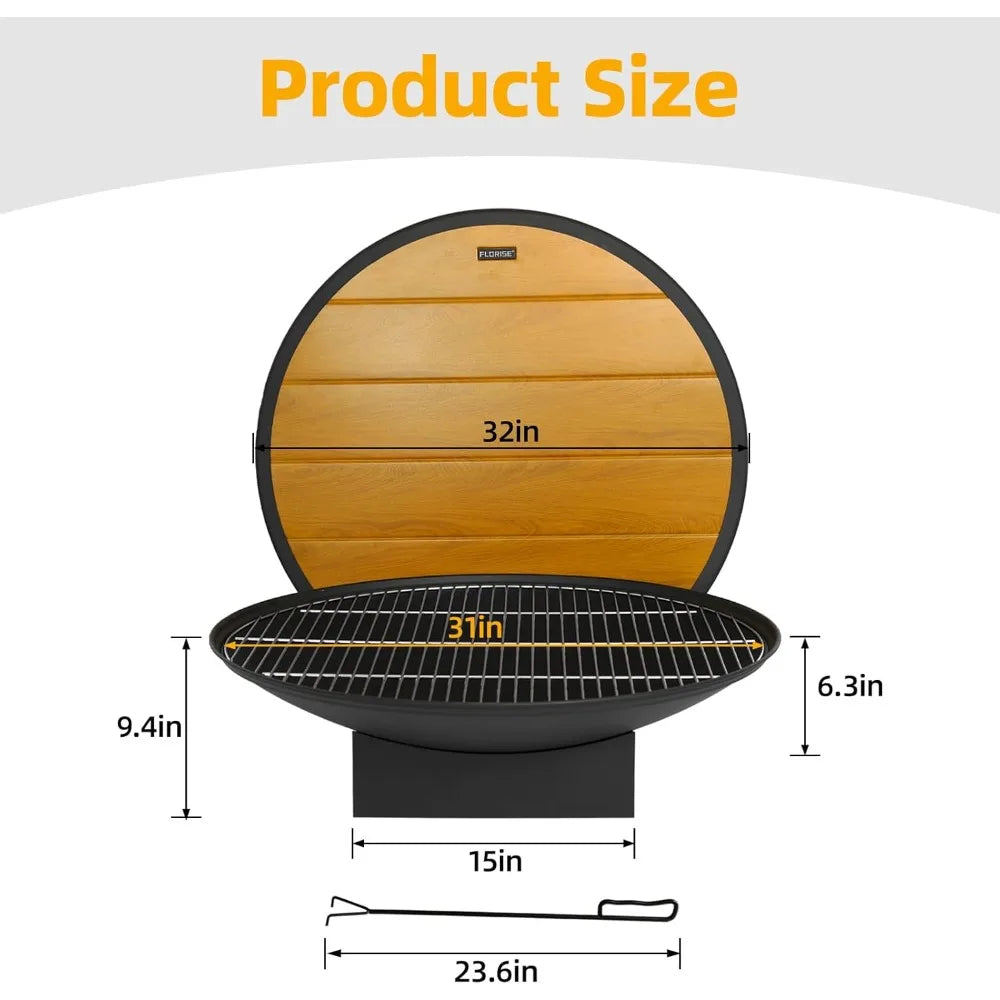 Large Outdoor Wood Burning Fire Pit Table with Grill and Cover for Backyard Patio