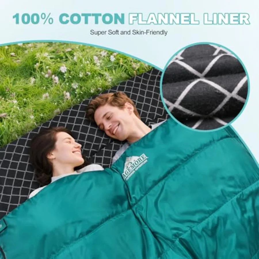 Cotton Flannel Double Sleeping Bag for Camping Backpacking or Hiking Queen Size 2 Person Waterproof Sleeping Bag for Adults or