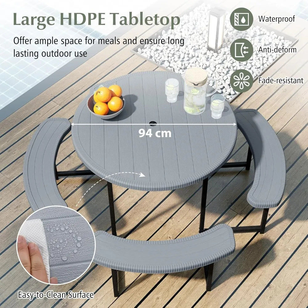 Outdoor Picnic Table with Benches, 8-Person Round Dining Set, Metal Frame & HDPE Top, Umbrella Hole for Patio Lawn