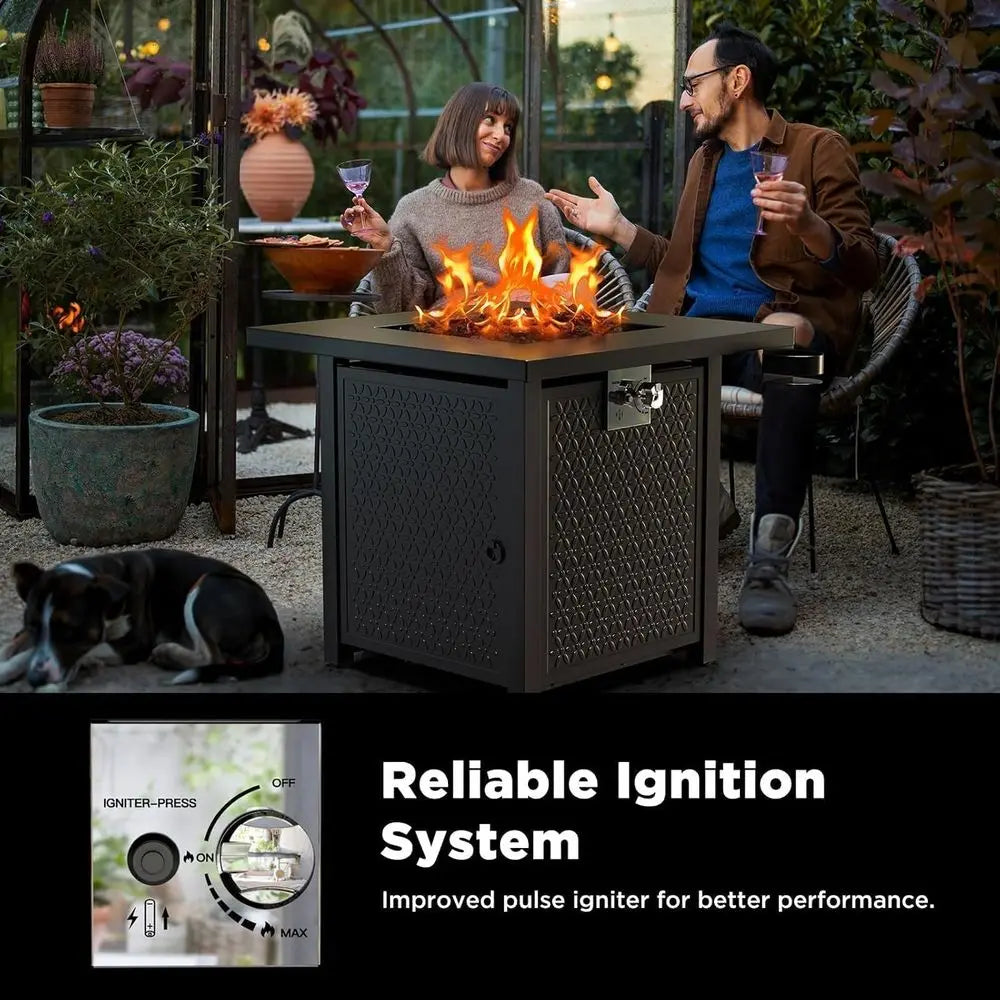32 Outdoor Gas Fire Pit, 50,000 BTU, Black Steel Table with Lid & Lava Rocks for Patio, Deck, or Garden